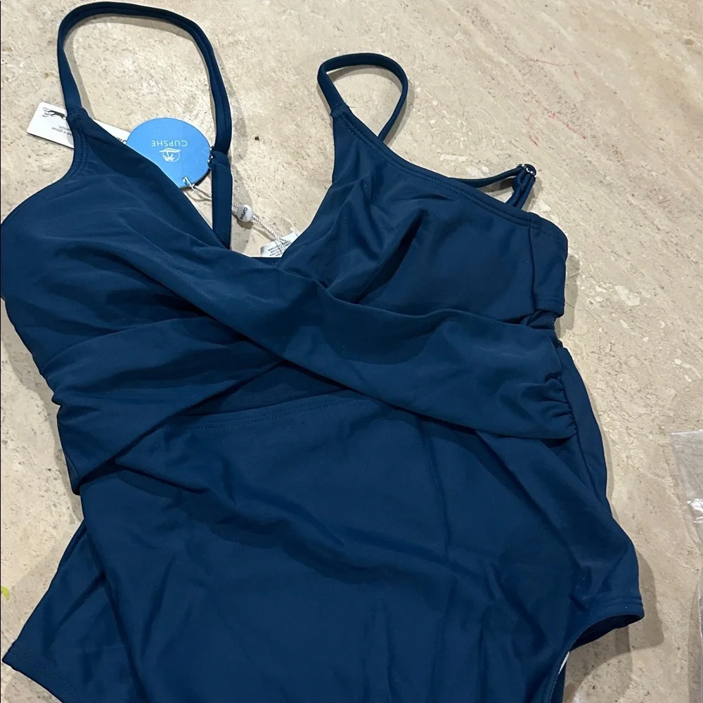 Women's Green V Neck One Piece Navy Floral Swimsuit Lace up Monokini NWT Size S